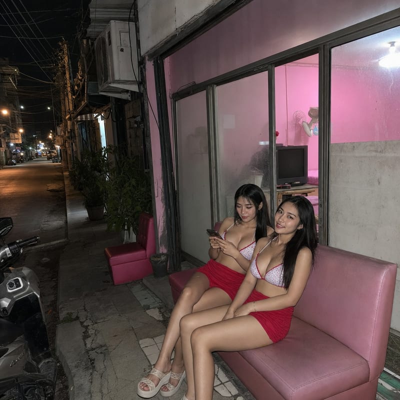 Sidewalk view of a Bangkok massage venue at night