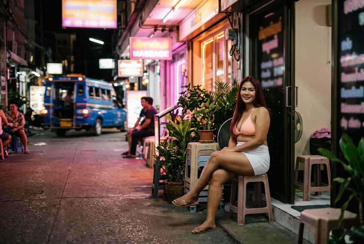 Woman with long red hair in a peach bikini top and white skirt on a stool outside a shop, a blue songthaew passing