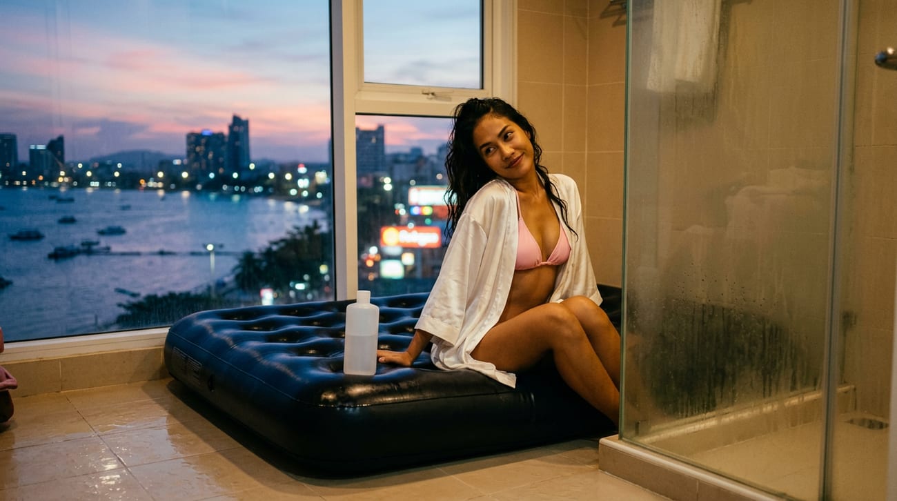 Woman in a pink bikini and white satin robe sitting on a black air mattress by a window overlooking the bay at dusk