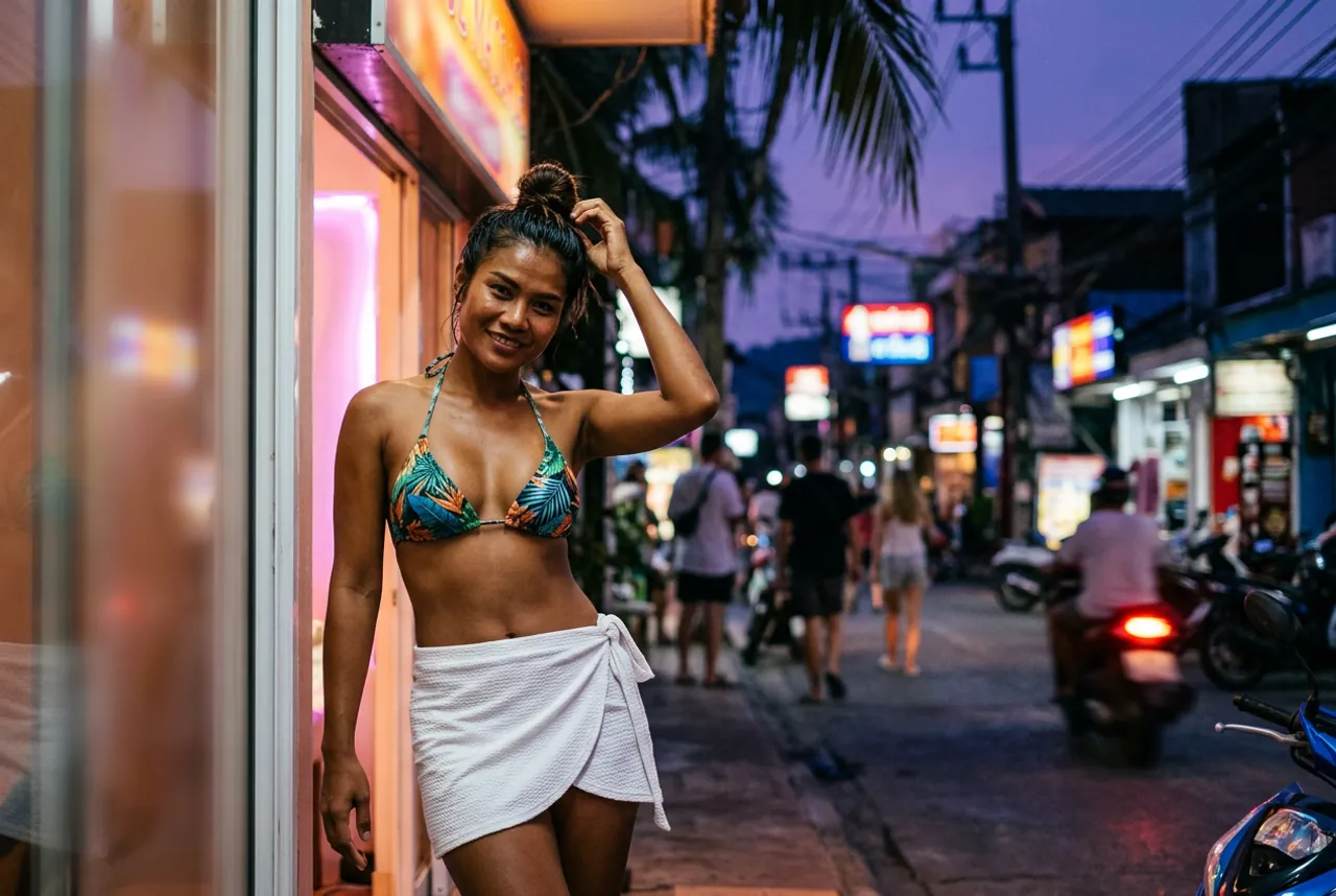 Woman in a tropical-print bikini top and white sarong leaning by a shop door on a Phuket street at dusk, scooters passing