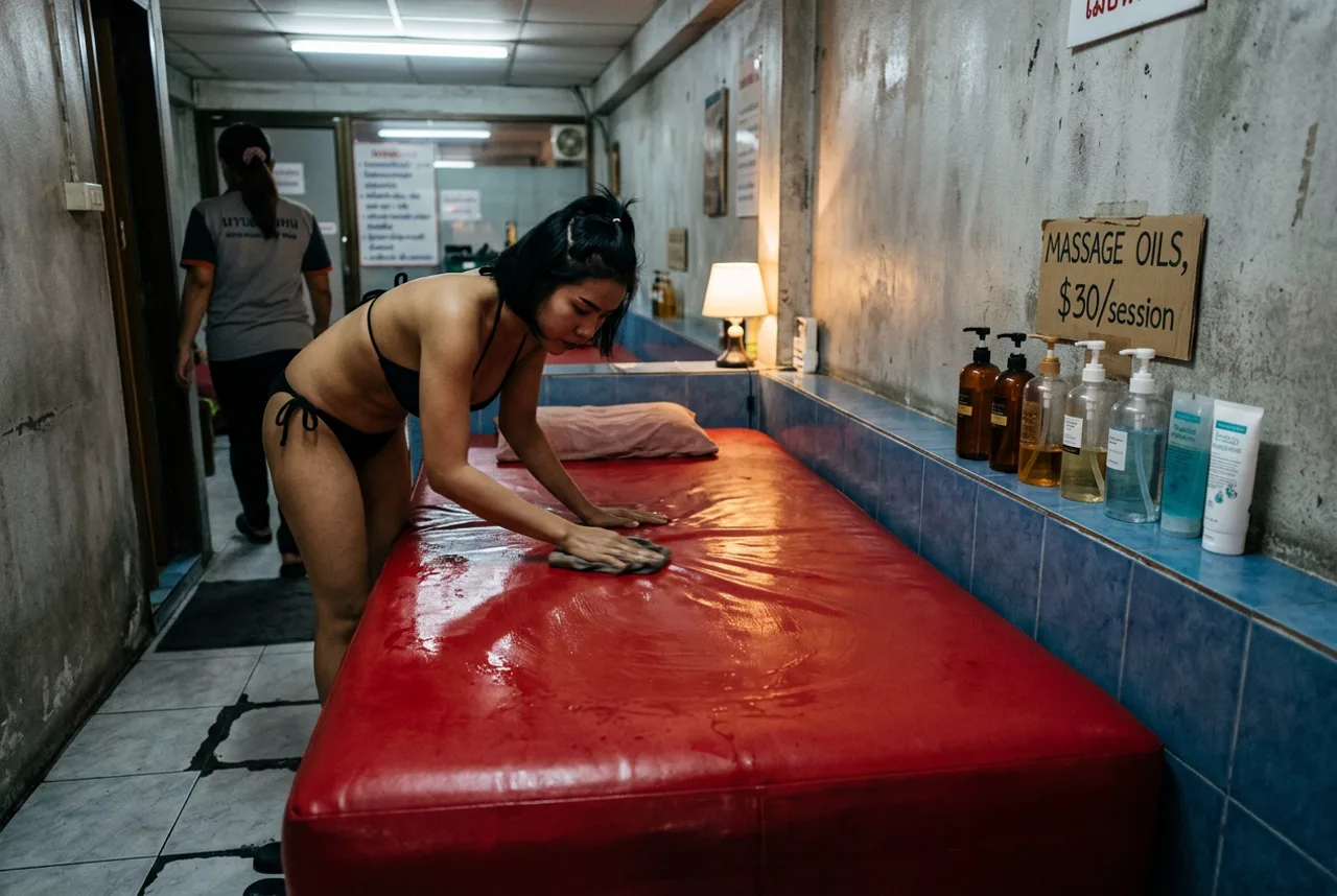Nuru massage mattress and gel prepared in a Bangkok wet room