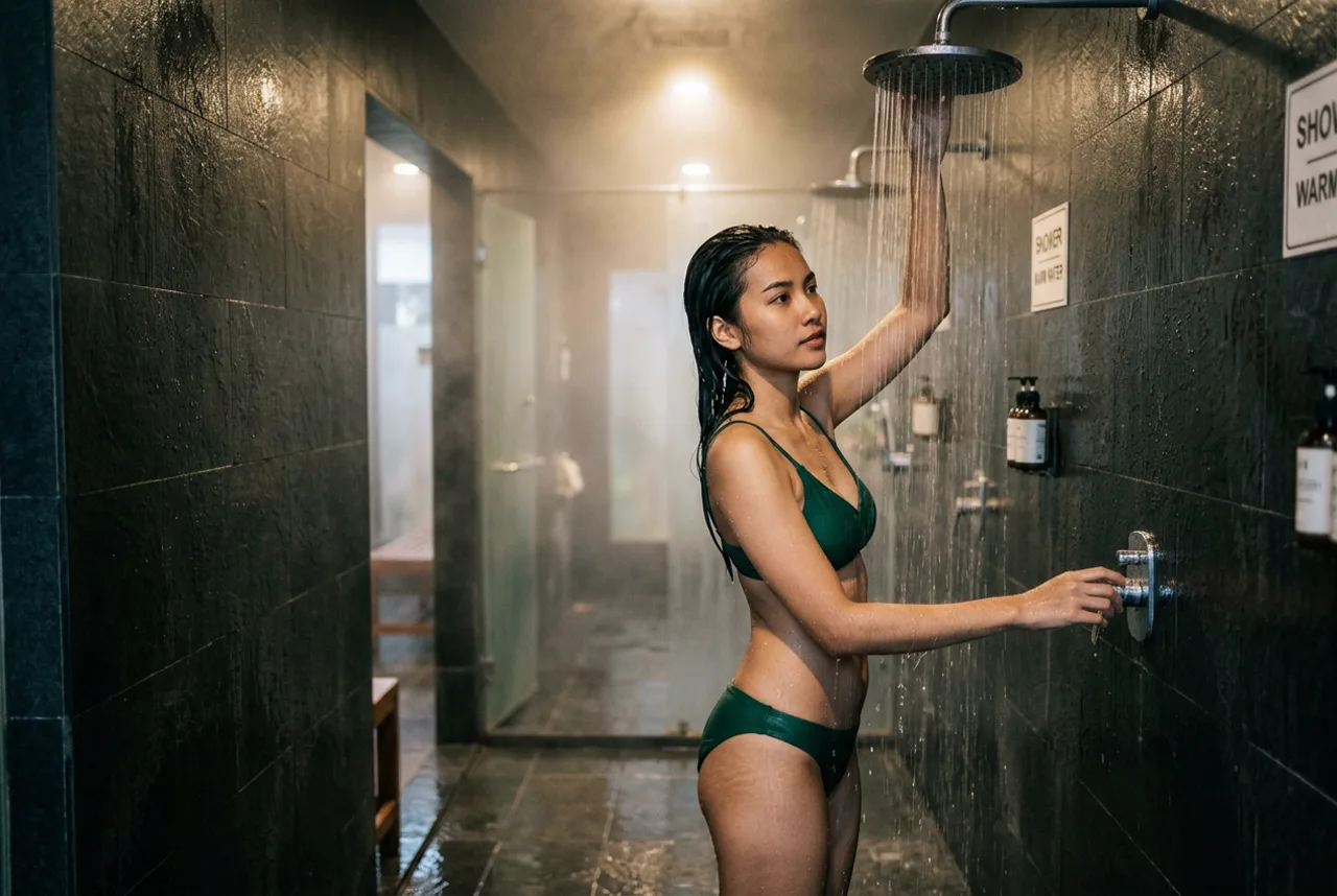 Shower room prepared for a nuru session in Bangkok