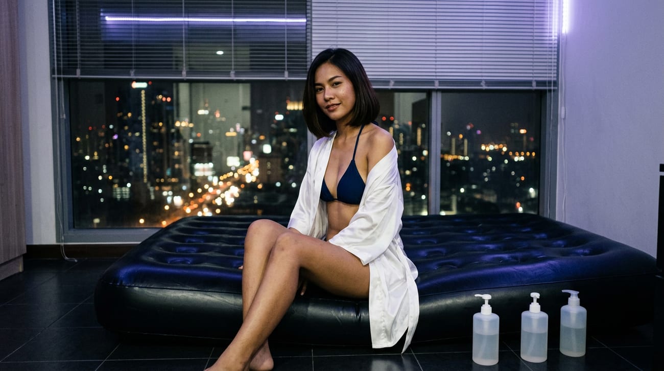 Woman in a navy bikini and white satin robe sitting on a black air mattress, Bangkok night skyline behind her