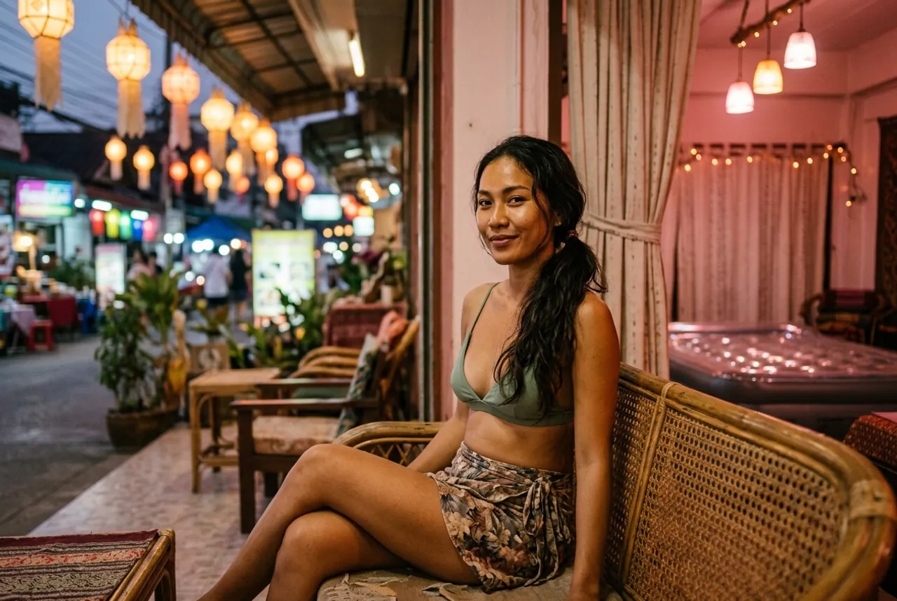 Woman in a sage bralette and floral sarong on a rattan bench outside a shop, with Lanna paper lanterns strung over the street