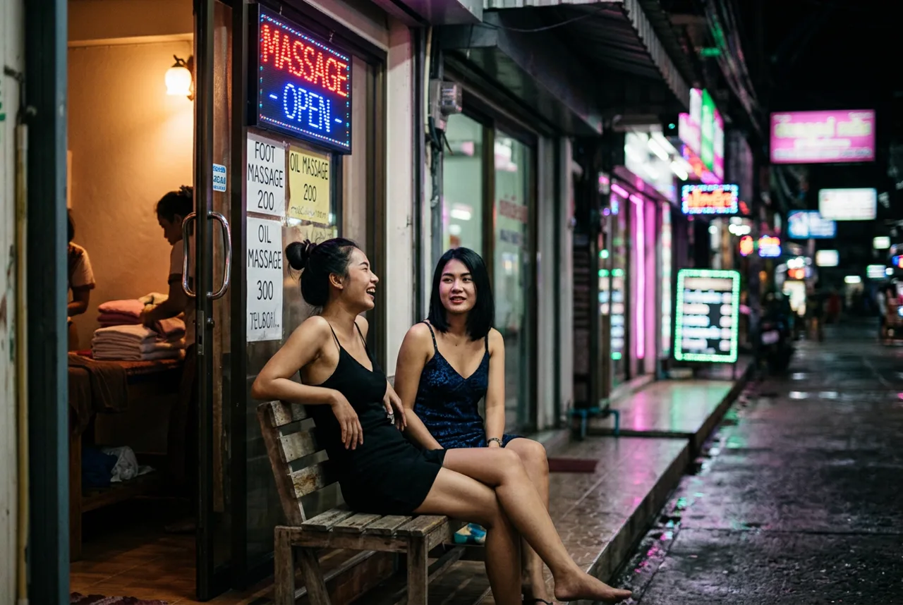 Pattaya massage shop entrance at night