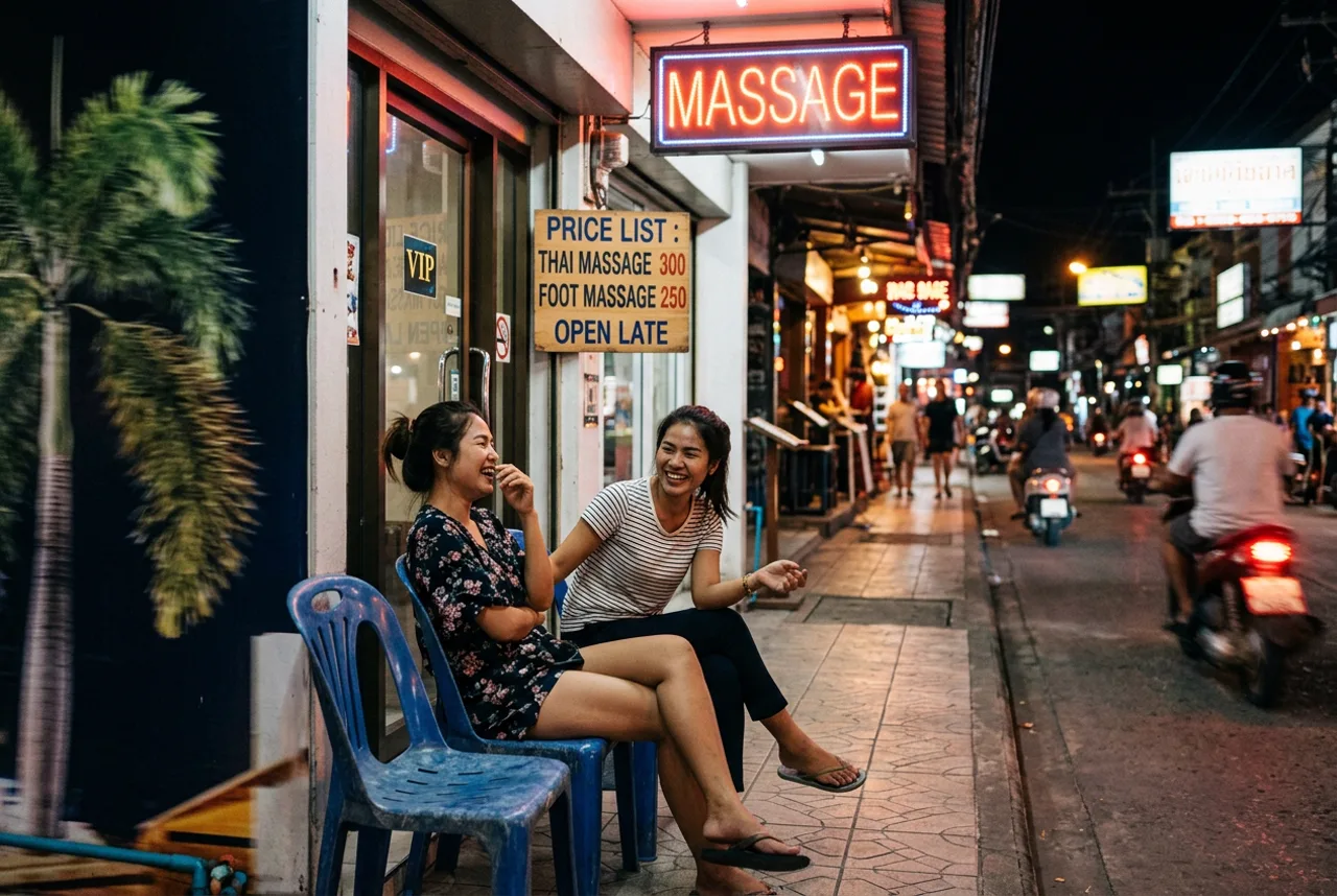 Patong massage shopfront at night, Phuket
