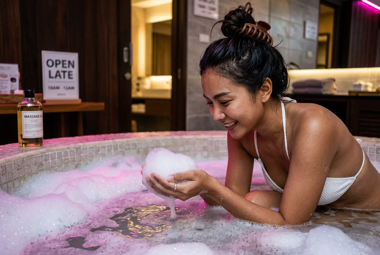 Foam bath preparation in a Bangkok soapy massage tub room