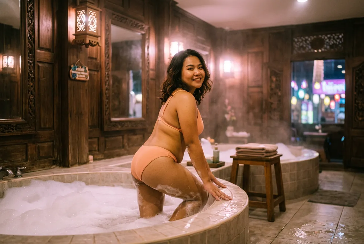 Woman in a peach two-piece kneeling in a foam-filled tub in a carved teak-panelled bathroom, towels on a wooden stool