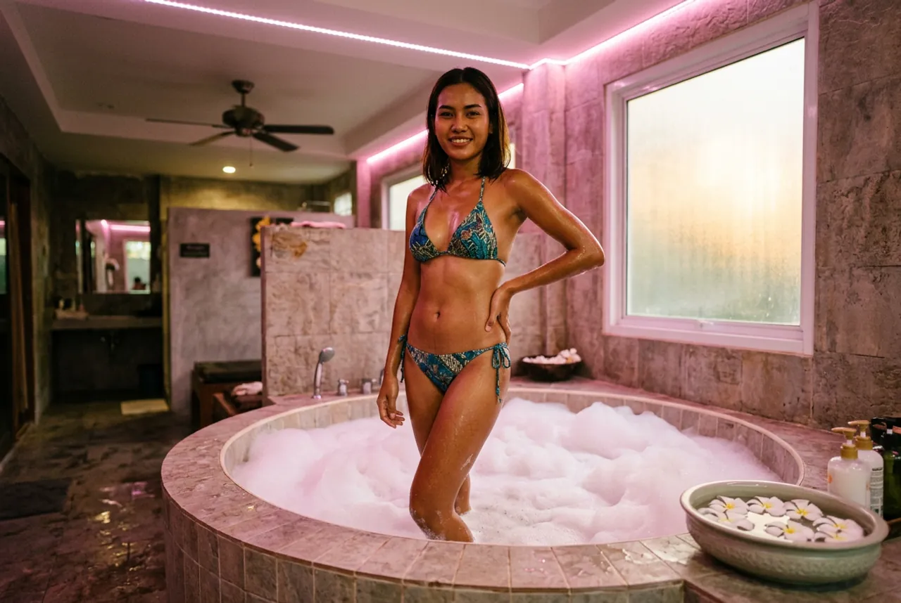 Woman in a blue patterned bikini standing in a round foam-filled tub under pink LED lights, a bowl of frangipani nearby