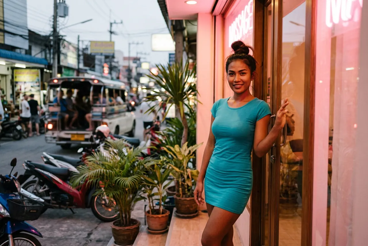 Woman in a teal T-shirt dress at the glass door of a pink massage shop, a songthaew and parked scooters on the street