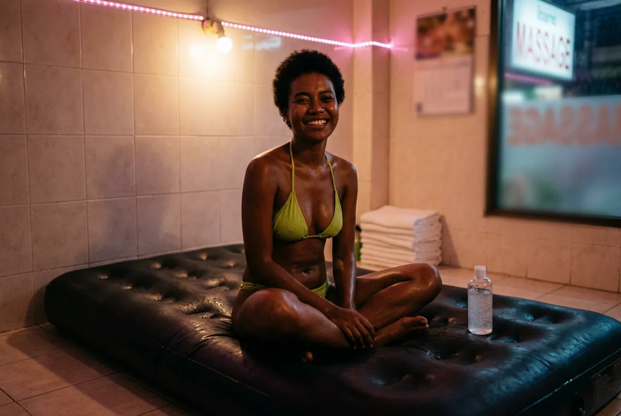 Woman with short natural hair in a lime bikini sitting cross-legged on a black air mattress beside stacked towels
