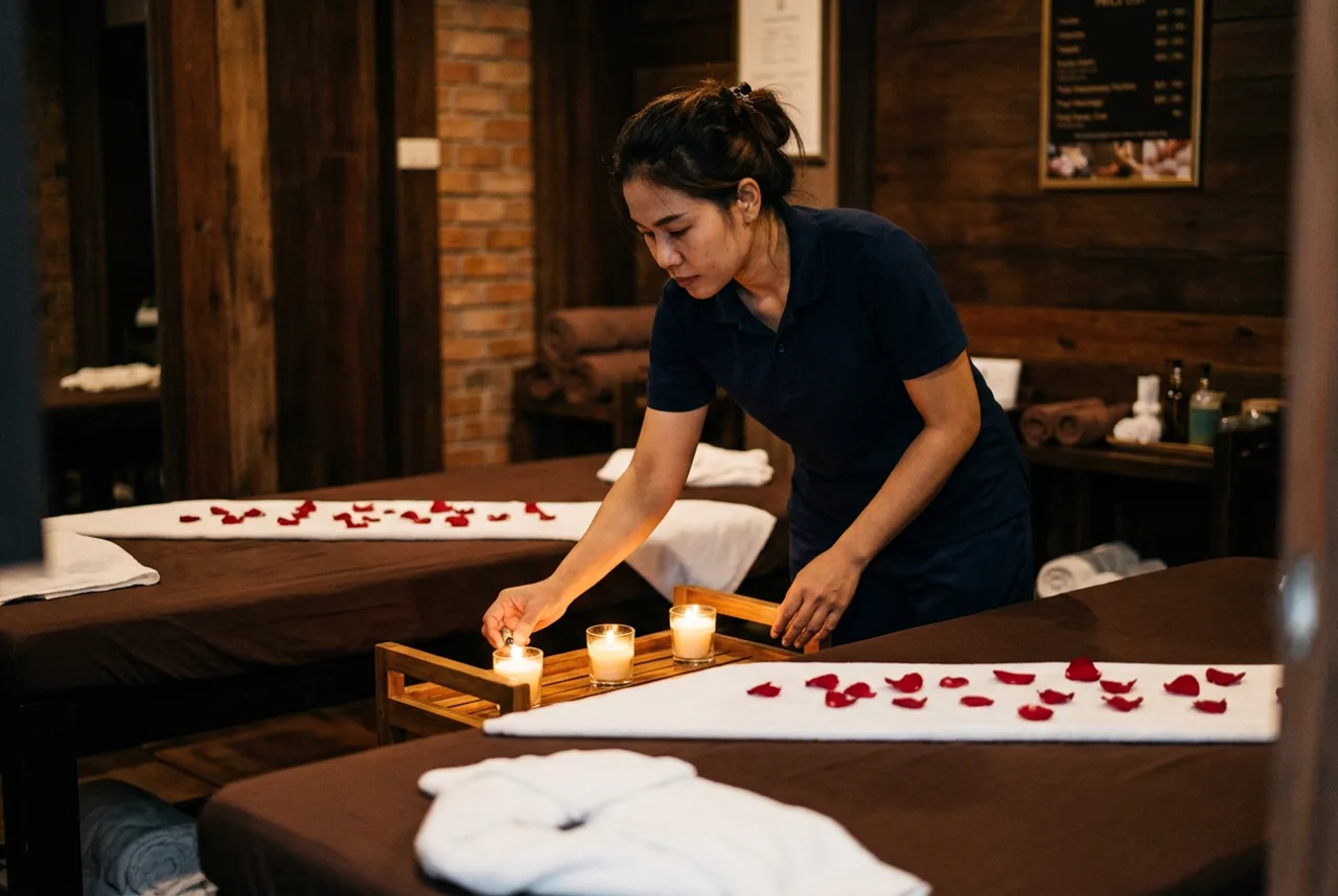 Twin massage tables prepared with candles and petals