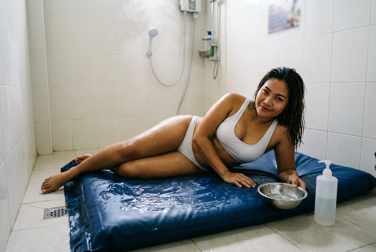Woman in a white bikini lying on her side on a blue inflatable mattress in a tiled shower room, a bowl of gel beside her