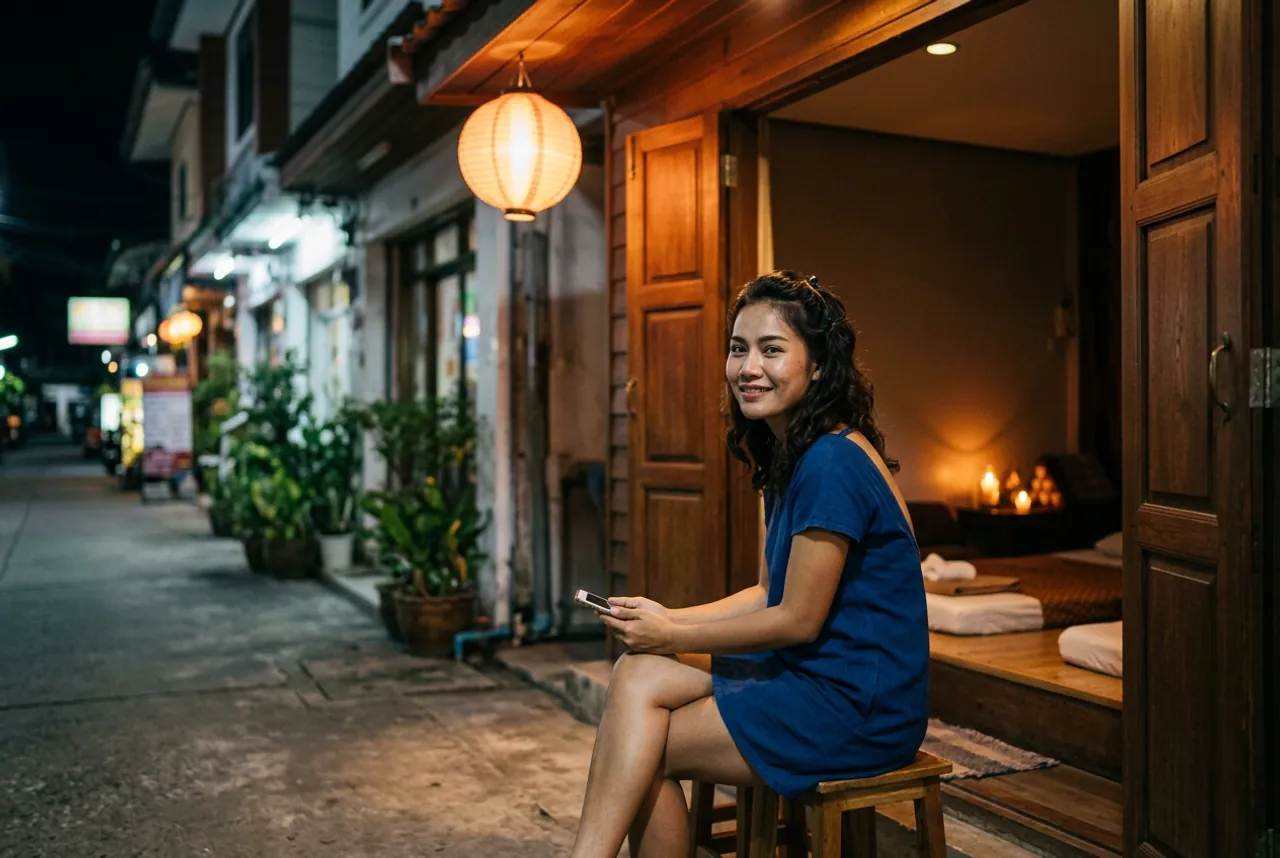 Woman in a navy T-shirt dress on a wooden stool outside a teak-fronted massage shop at night, a paper lantern overhead