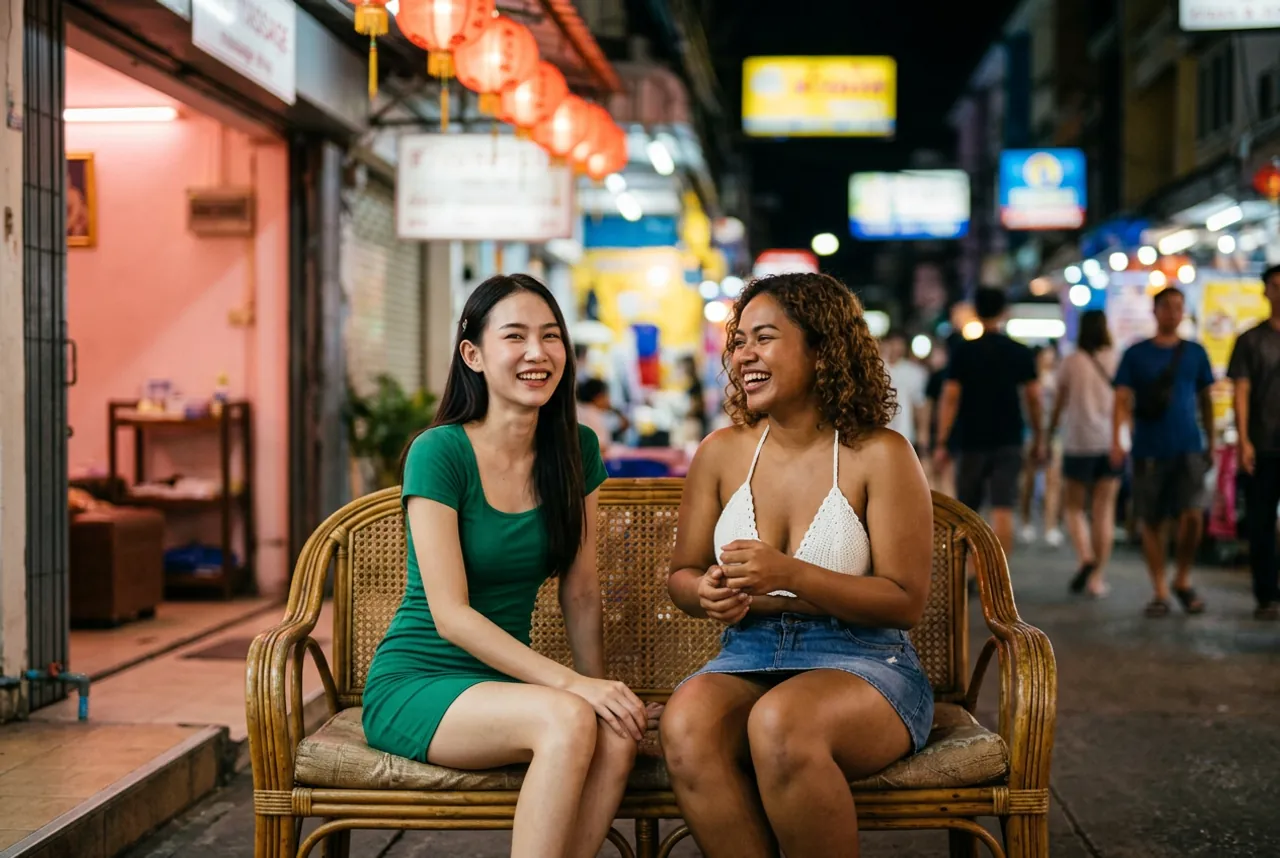 Two women laughing on a rattan bench on a busy night-market street, one in a green dress, one in a white crochet top