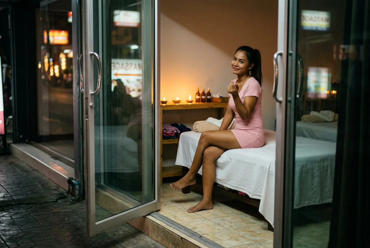 Woman in a pink T-shirt dress sitting on a massage bed seen through open glass doors, candles and oil bottles nearby