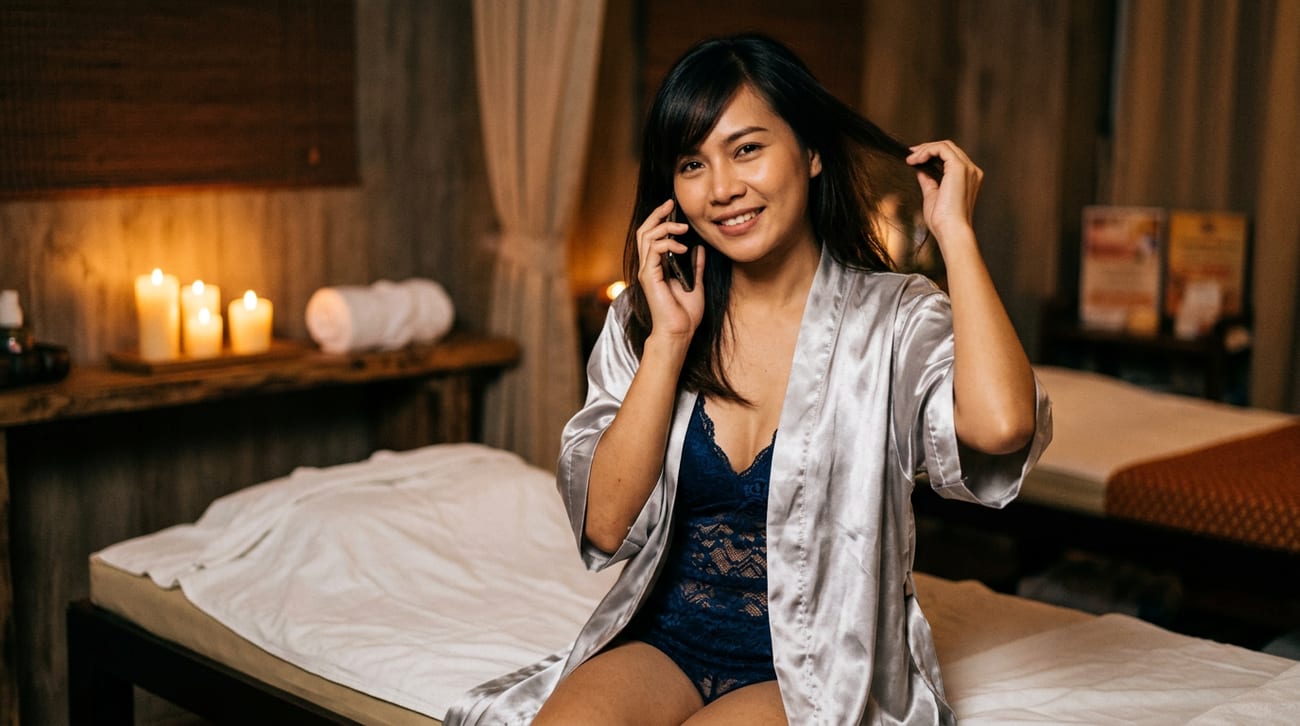 หญิงสาวสวมเสื้อคลุมซาตินสีเงินทับบอดี้สูทลูกไม้สีกรม คุยโทรศัพท์ขณะนั่งบนเตียงนวด มีเทียนจุดอยู่ด้านหลัง