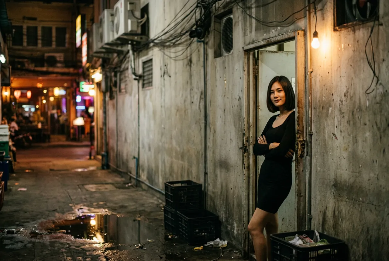 Woman in a black dress with arms crossed in the doorway of a dim back alley, beside plastic crates and a bare hanging bulb