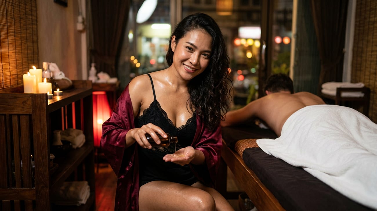 Woman in a black lace slip and burgundy satin robe pouring oil into her palm beside a client lying face-down by candlelight