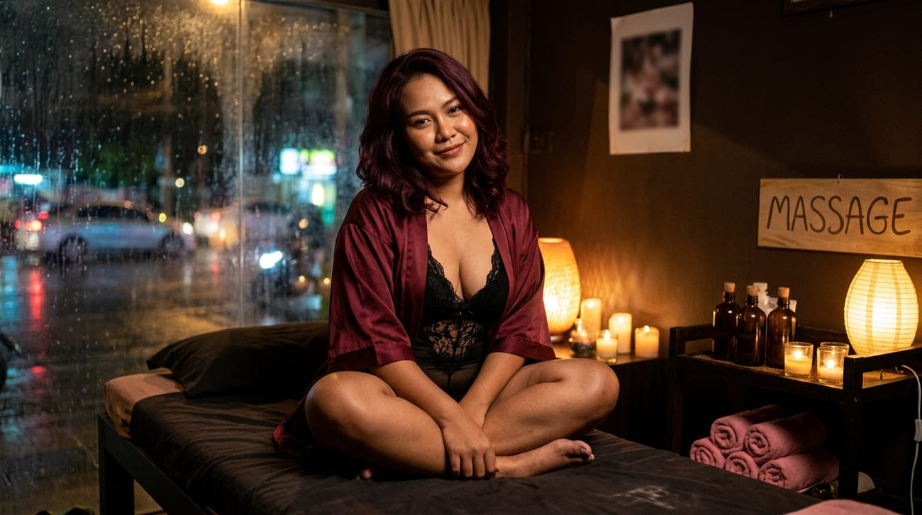 Woman in a burgundy satin robe sitting cross-legged on a massage bed by a rain-streaked window, candles lit behind