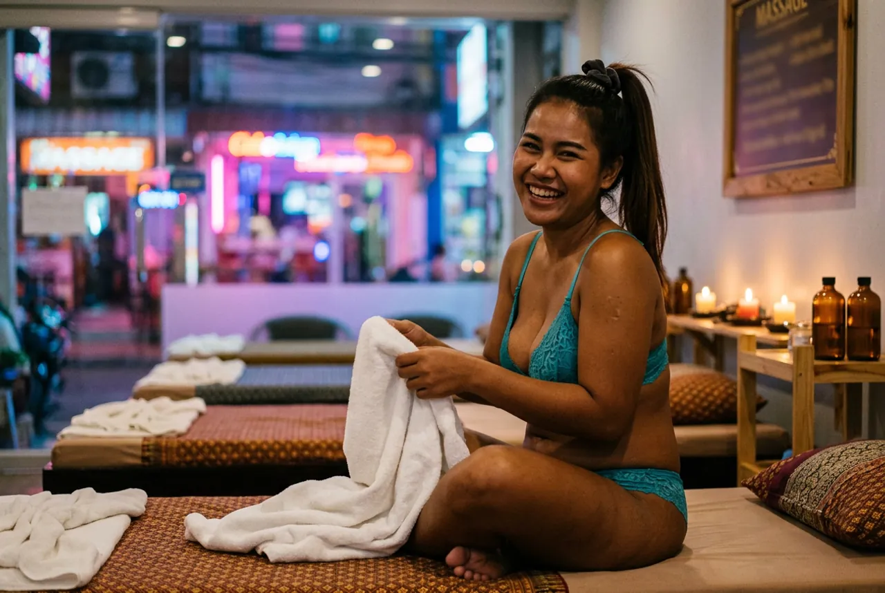 Woman in teal lace underwear folding a towel on a row of floor mattresses, neon-lit street visible through the glass