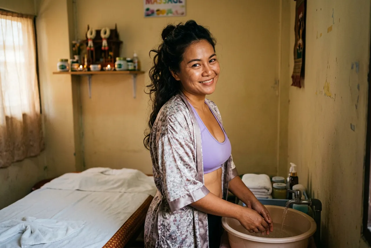Smiling woman in a satin floral robe washing her hands in a basin beside a towel-covered massage bed in a modest room