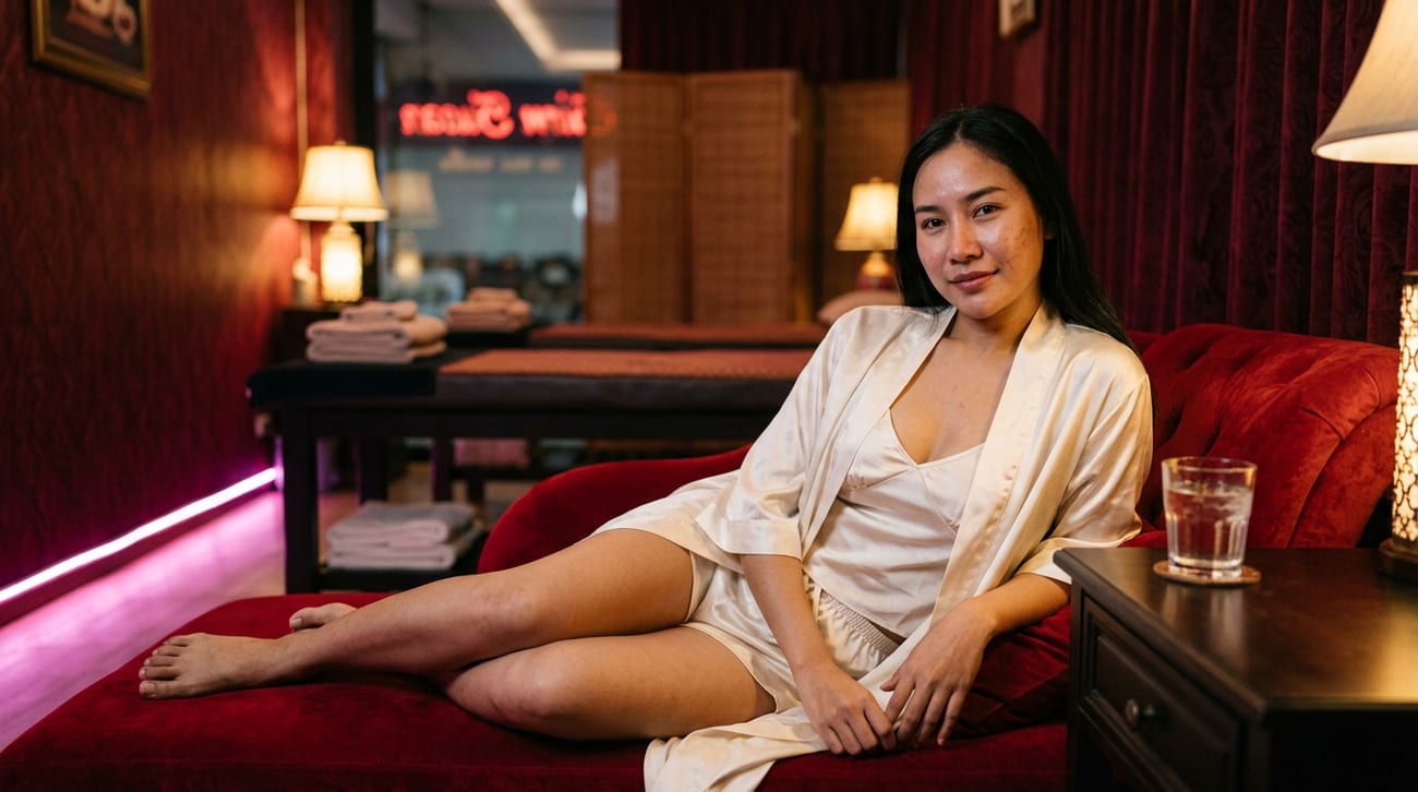 Woman in a cream satin robe reclining on a red chaise in a massage room, with towel-topped beds and a glass of water nearby