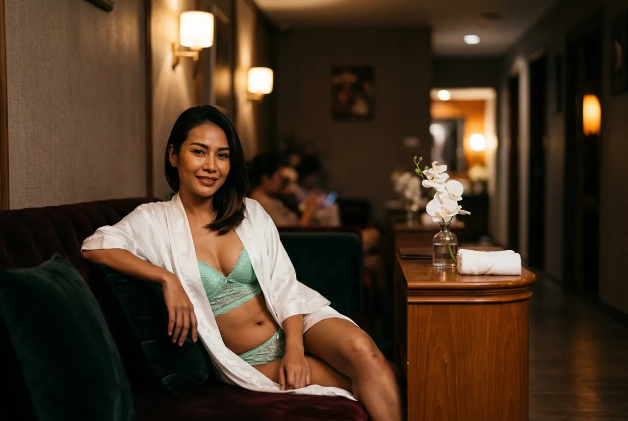 Woman in a white satin robe over a mint two-piece relaxing on a velvet sofa in a dim reception corridor, orchids on the counter