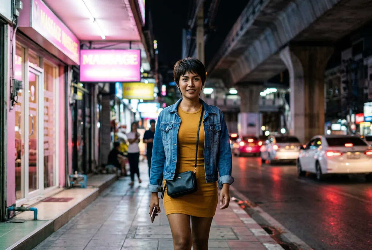 Woman in a mustard dress and denim jacket walking past pink MASSAGE signs on a Bangkok street at night, phone in hand
