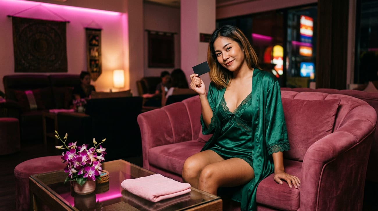 Woman in a green satin robe holding up a black card on a pink velvet sofa, orchids and a folded towel on the table