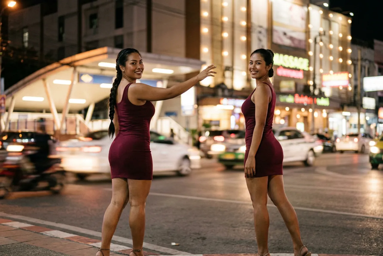 Two women in matching burgundy tank dresses looking back over their shoulders at a busy road lit by neon signs at night