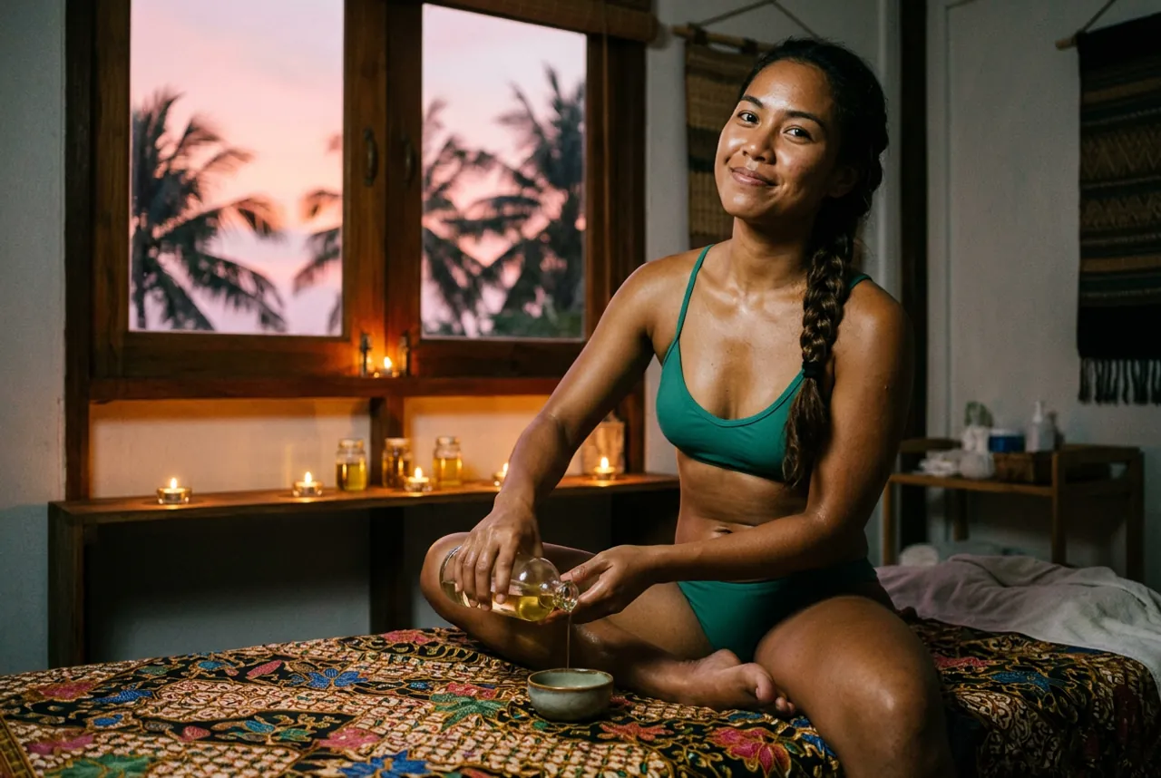 Woman in a teal two-piece pouring oil into a ceramic bowl on a batik-covered bed, palm trees at dusk outside