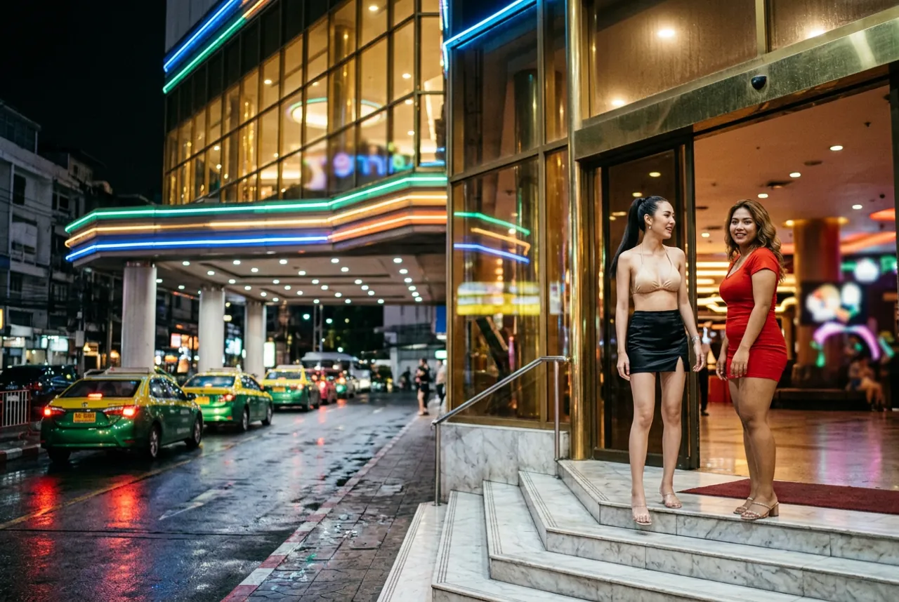 Two women on the marble steps of a large neon-lit entertainment venue, with green-and-yellow taxis on the wet street