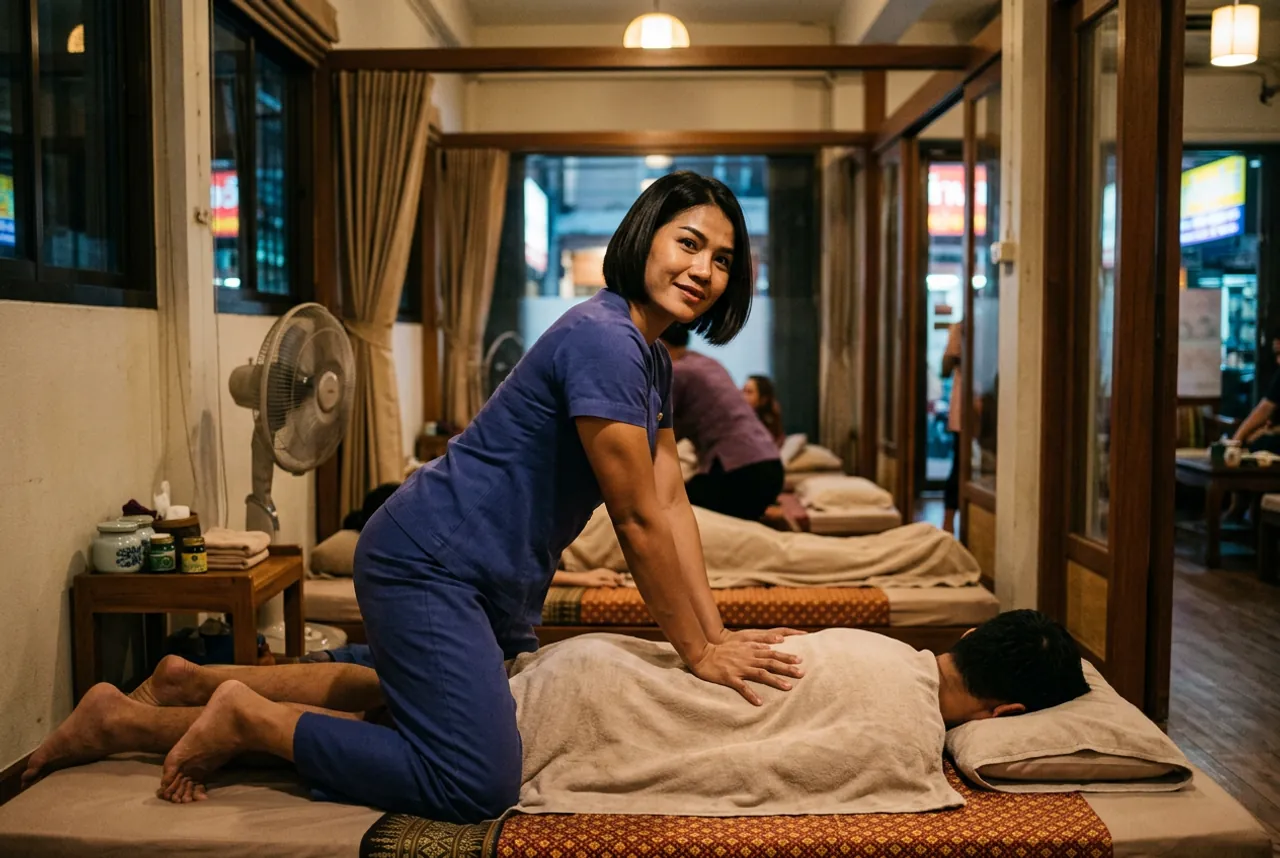 Therapist in a blue uniform pressing a client's towel-covered back with her palms in a traditional Thai massage room