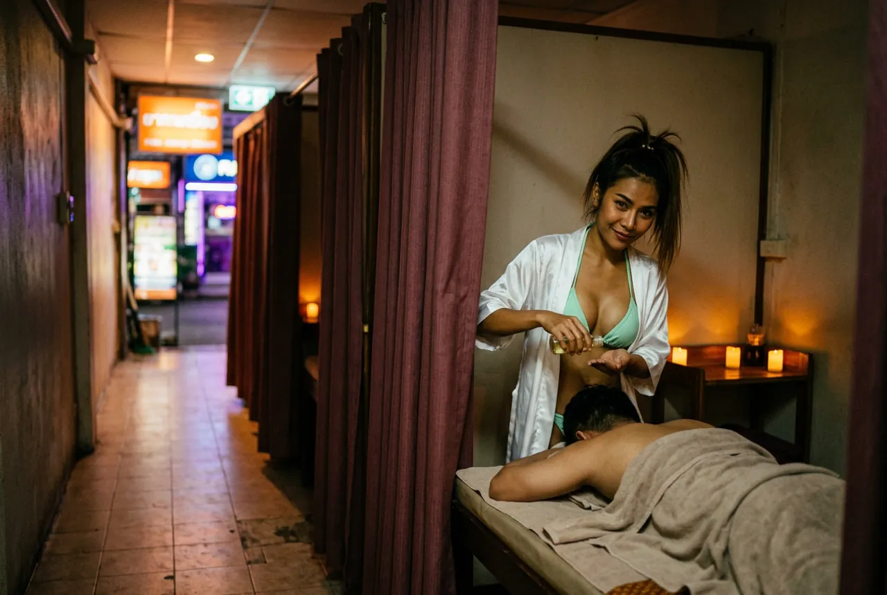Woman in a white satin robe over a mint bikini pouring oil into her palm beside a man lying face-down in a curtained booth