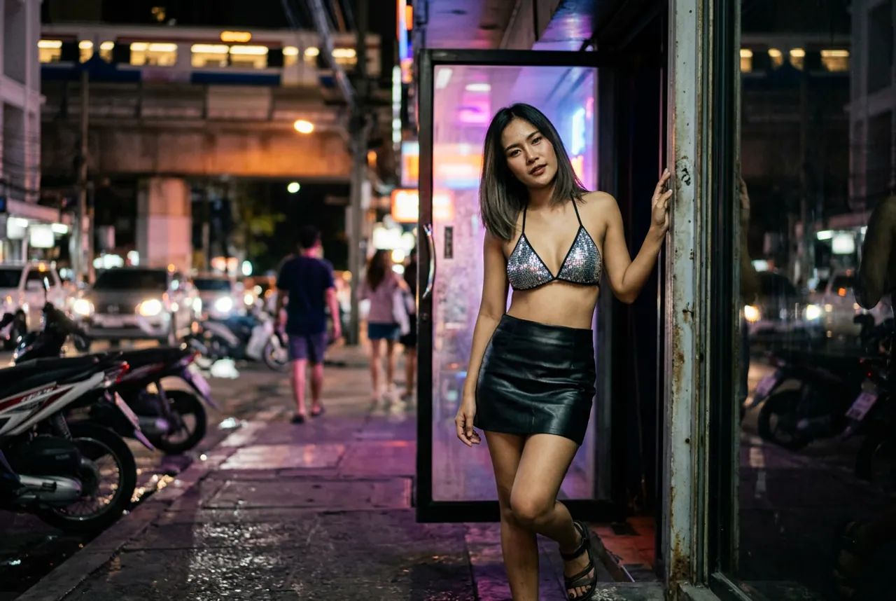 Woman in a sequin bikini top and leather skirt leaning in a shop doorway, the BTS skytrain and parked scooters behind