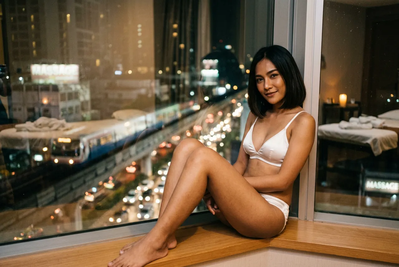 Woman in a white satin bra set sitting on a window ledge, a BTS train and busy street lit up below at night