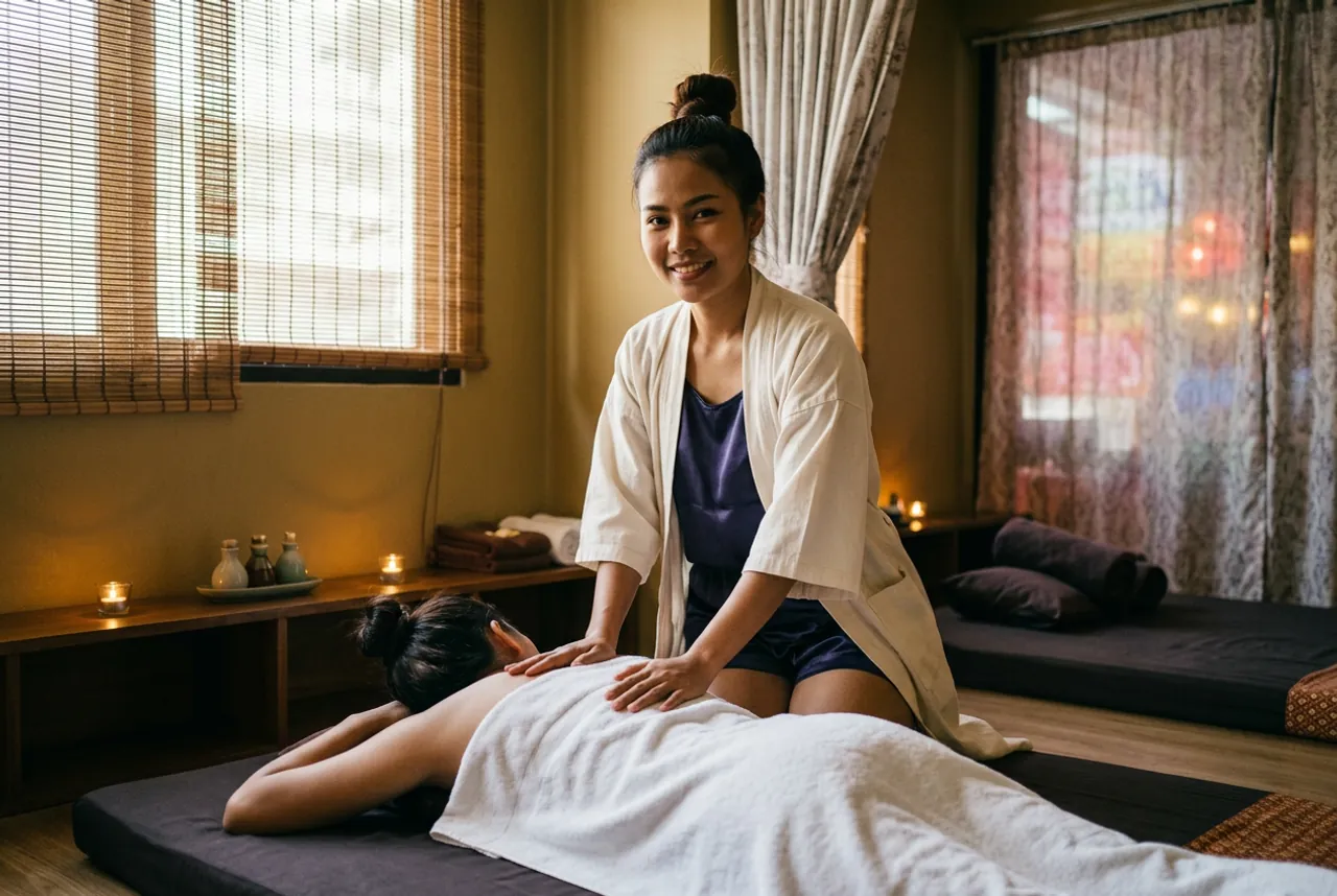 Therapist in a cream jacket kneeling beside a client lying face-down under a white towel on a floor mat in a candlelit room