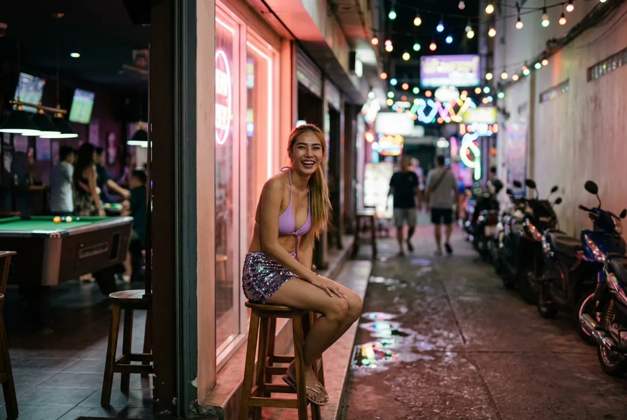 Woman in a lilac bikini top and sequin skirt laughing on a bar stool outside a pool bar on a narrow soi lined with scooters