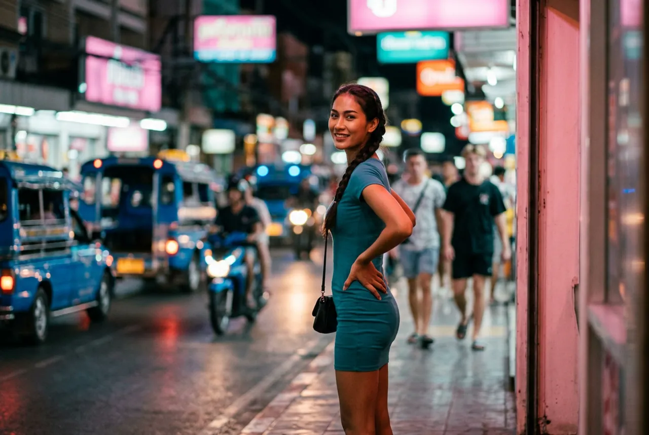 Woman with a long braid in a teal T-shirt dress looking back on a busy neon-lit street with blue songthaews