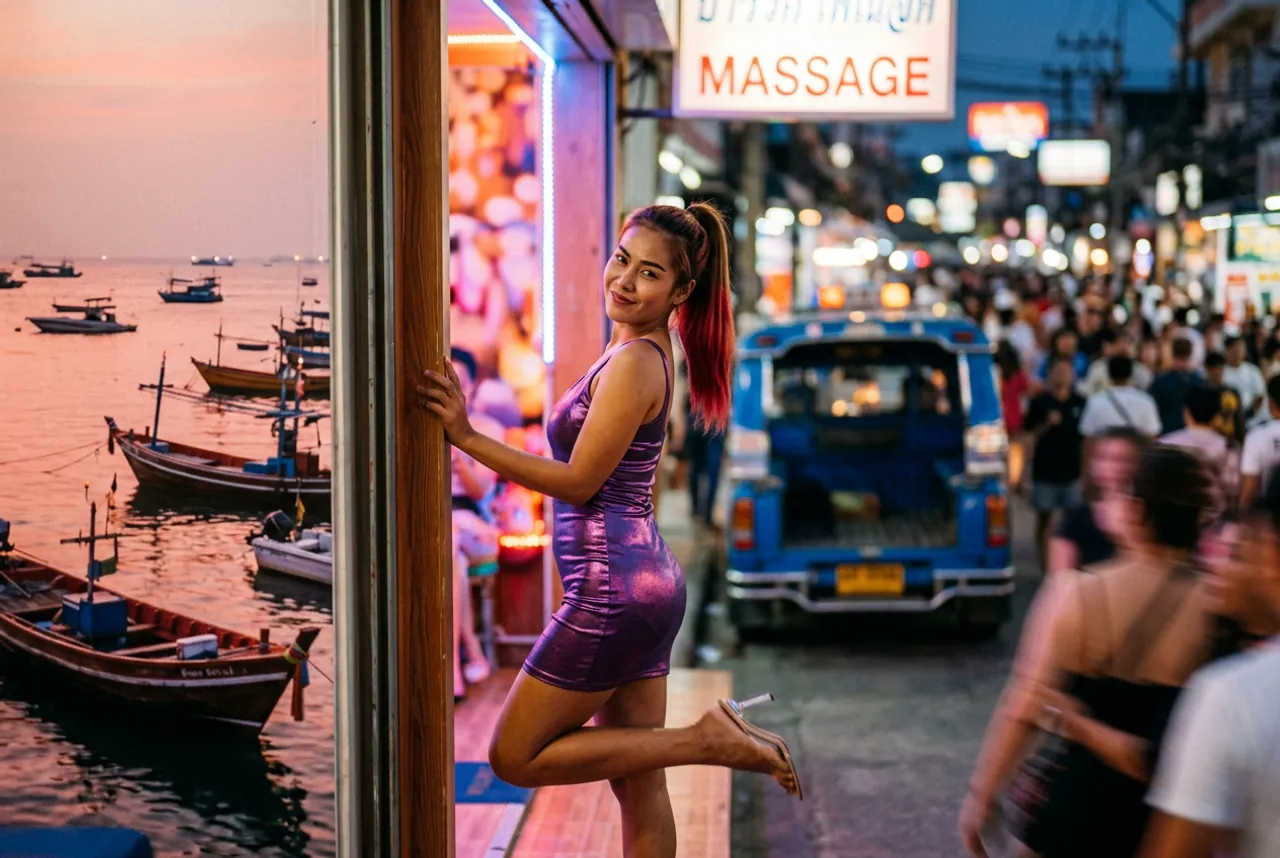 Woman in a metallic purple dress leaning on a post by the waterfront, longtail boats on one side and a crowded street