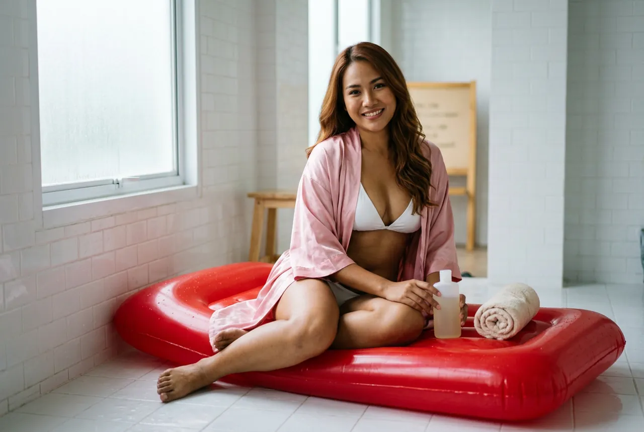 Woman in a pink satin robe and white bikini on a red inflatable mattress, holding a gel bottle next to a rolled towel