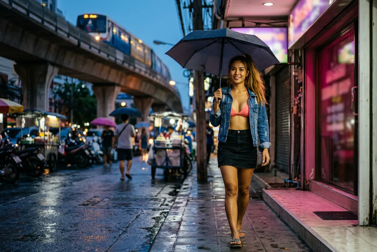 Woman with an umbrella walking along a wet pavement in a denim jacket and skirt, the BTS Skytrain passing overhead