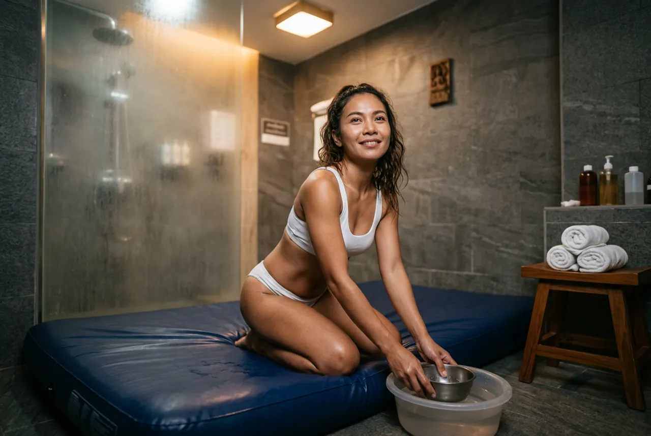 Woman in a white two-piece swimsuit kneeling on a navy air mattress, reaching into a steel bowl of gel in a stone-tiled shower room