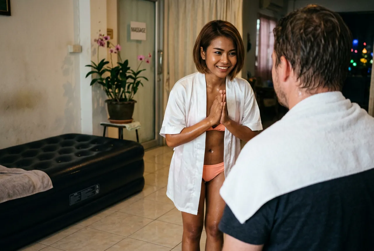 Smiling woman in a white robe over a peach bikini giving a wai to a client seen from behind with a towel on his shoulders