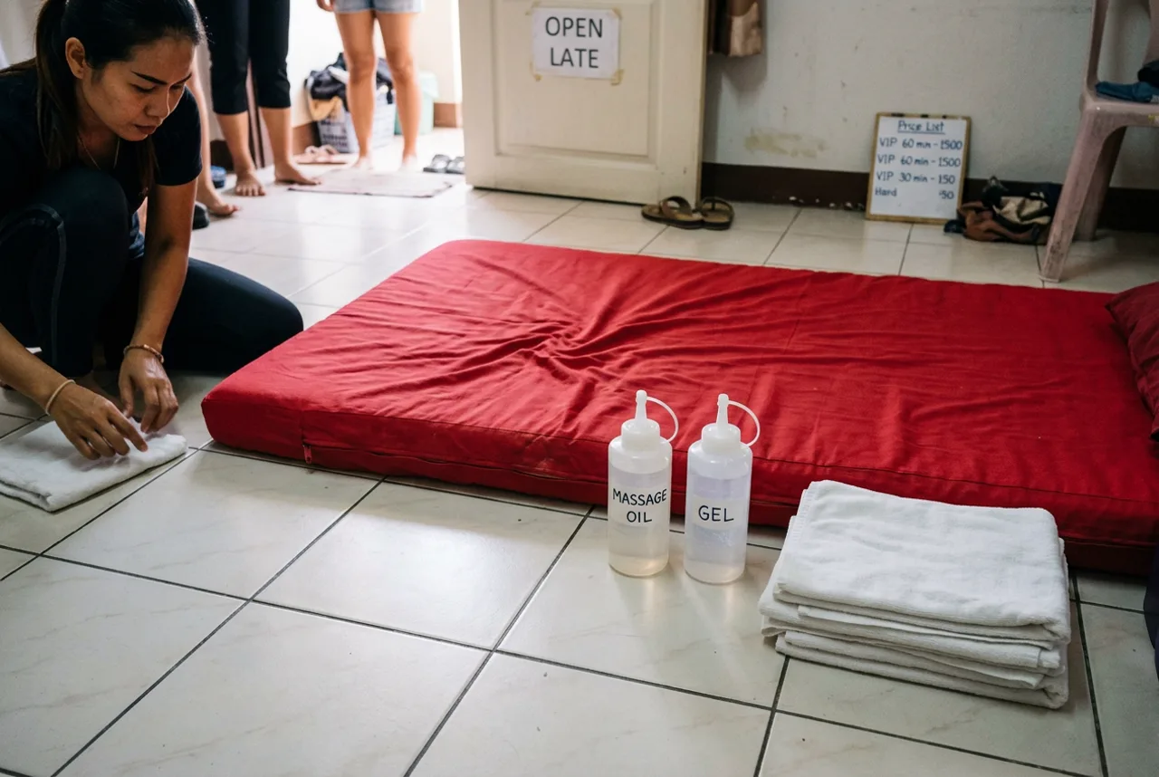Nuru gel, mattress and towels laid out before a session