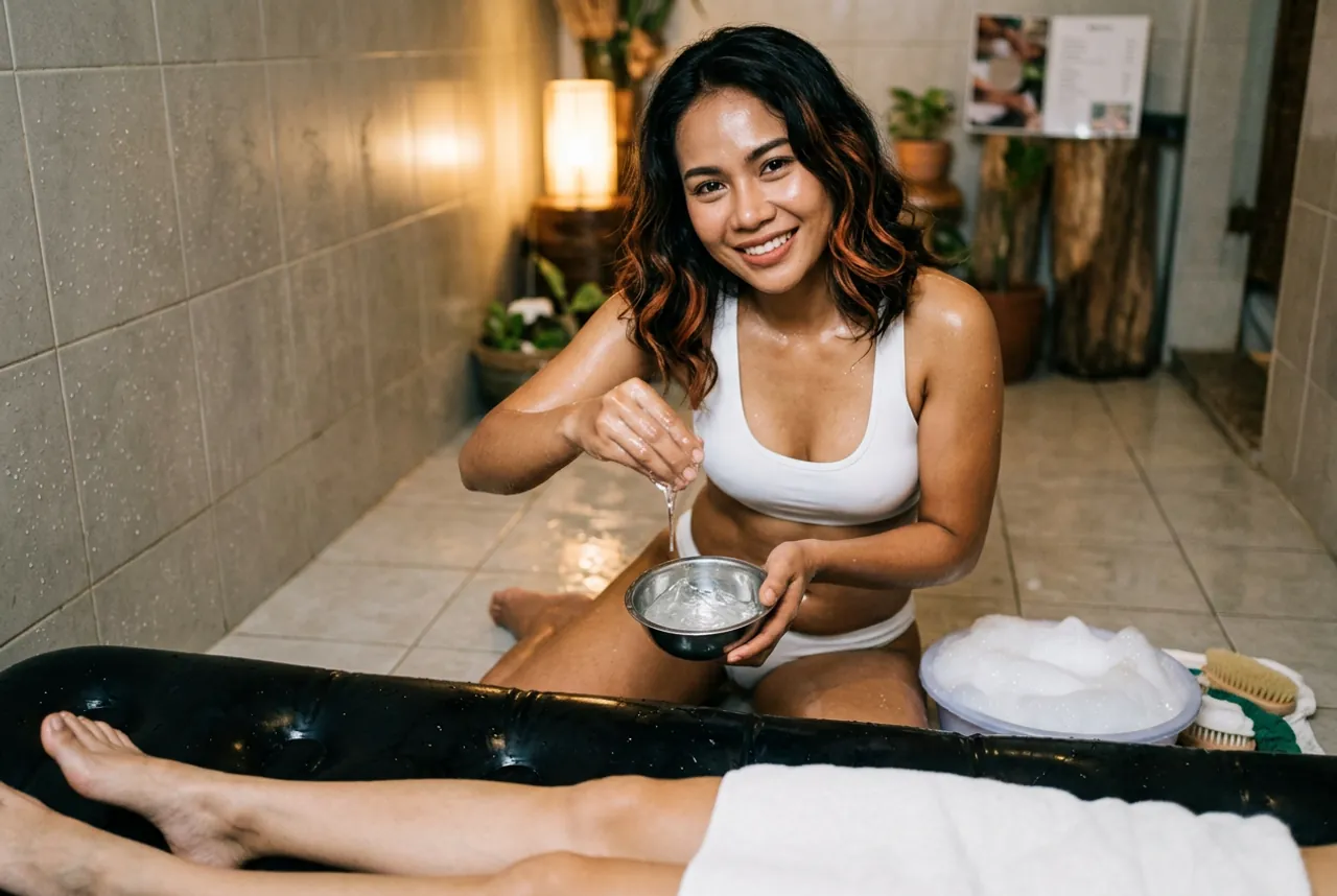Woman in a white sports top dripping clear gel into a steel bowl beside an air mattress and a tub of soap foam