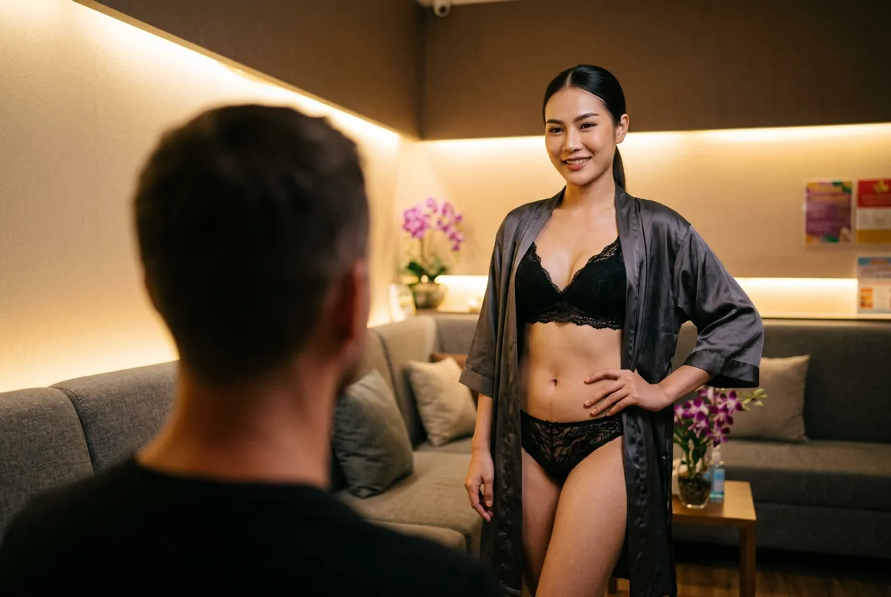Woman in black lace lingerie and a grey satin robe standing in a lounge, a male guest seen from behind in the foreground