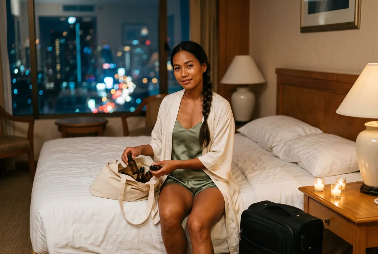 Woman in a cream robe unpacking amber oil bottles from a tote bag on a hotel bed, city lights through the window