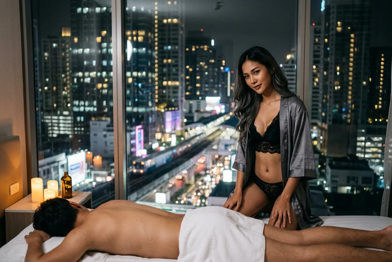 Woman in a grey satin robe kneeling beside a man lying face-down on a hotel bed, Bangkok skyline and Skytrain at night